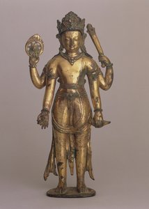 Visnu hindu isten szobra, 1200 körül (magas réz színű bronz, bekarcolt, aranyozott, drágakövekkel díszítve és festve)