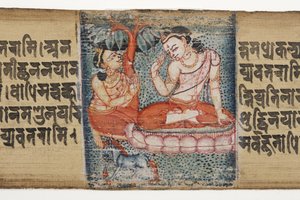 Sudhana egy bodhiszattva előtt térdelve, a Gandavyuhából (átlátszatlan wc és tinta pálmalevélen)