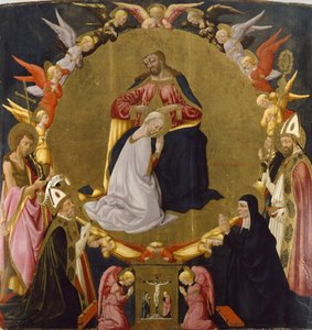 A Szűz koronázása angyalokkal és négy szenttel, 1470-75 körül (tempera és aranylevél a táblán)
