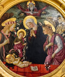 Szűz Mária, Szent János és két angyal imádja a Gyermeket.