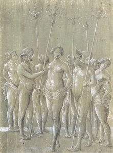 Öt meztelen katona rudat tartva, kettő sisakot viselő és három meztelen nő, 1522