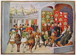 Harl 4380 f.40 VI. Károly francia király fogadja az angol követeket a Bruges-i Froissart krónikájából alkotó: Netherlandish School