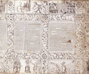 Világító kézirat szefárd írással, holland élet jeleneteit és a Bibliát bemutató virágkartusokkal, XVII. alkotó: Netherlandish School