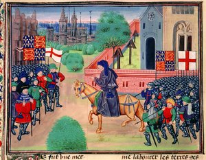 Roy 18 E I f.165v Parasztlázadás Anglia és St. George zászlóit ábrázolva, John Ball a lázadók élén, illusztráció a "Chroniques de France et d