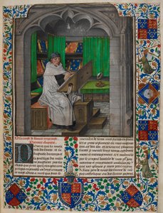 Royal 14 E. I f.3 Vincent de Beauvais az íróasztalánál olvas, a „Speculum Historiale, Book I” című művéből, Vincent of Beauvais és Jean de Vignay (vellum) alkotó: Netherlandish School