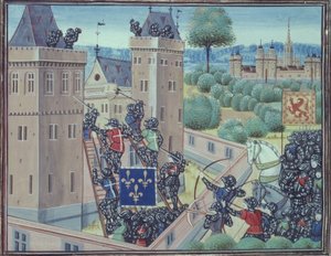 Royal 18 E.1 fol.345 Wark kastély elfoglalása a franciák és skótok által, Jean Froissart (kb. 1333-1404) „Chroniques de France et d