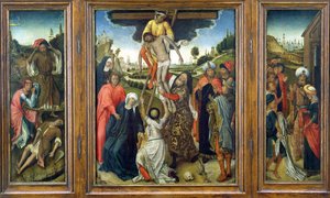 A lerakódás, mellette (L) Ádám és Éva gyászoló Ábel és (R) József kabátja megmutatta Jacobnak, triptichon, 1470 körül (panel) alkotó: Netherlandish School