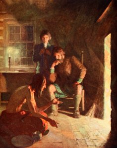 Az indiai Longthought találkozó egy korai telepes otthonában (színes litho) alkotó: Newell Convers (after) Wyeth
