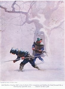 És Lawless, aki fél lépést tart társa előtt, és fejét előretartja, mint egy vadászkutya az illatra - tanulmányozta az útját, 1916 alkotó: Newell Convers Wyeth