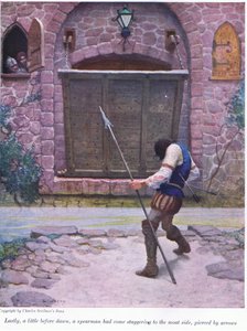 Végül valamivel hajnal előtt egy lándzsás tántorogva érkezett a várárok oldalához, nyilakkal átütve, 1916 alkotó: Newell Convers Wyeth