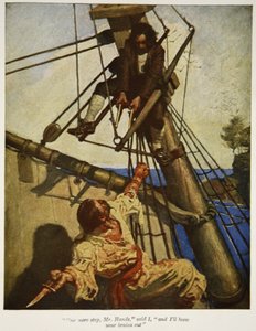 Még egy lépés, Mr. Hands, mondtam, és kifújom az agyát, egy illusztráció a "Kincses sziget"-ből, Robert Louis Stevenson, kocsma. Charles Scribner fiai, 1911 alkotó: Newell Convers Wyeth