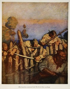 A lakók úgy nyüzsögtek a kerítésen, mint a majmok, illusztráció Robert Louis Stevenson "Kincses sziget" című művéből, kiadó: Charles Scribner