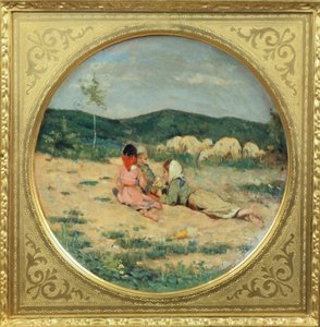 Pásztorfigurákkal festett tányér, Niccolo Cannicci, 1880 körül, olaj, terrakotta tányér