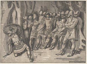 Ajax balra lent pajzsot tart a magasban, jobbra Agamemnon áll körülvéve..., 1540-50.