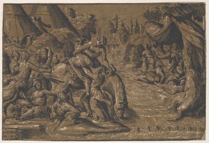 Középen Cloelia a római hős, akit lóra segítettek, a háttérben Róma,..., 1540-50