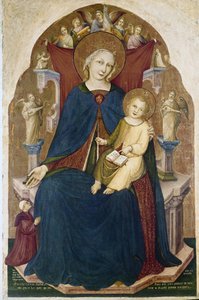 Madonna Childdel és két bhaktával trónolt. Niccolo di Pietro Gerini festménye alkotó: RC