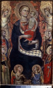 Madonna és gyermek szentekkel és angyalokkal. Madonna gyermekkel, szentekkel és angyalokkal. Niccolo di Pietro Gerini festménye (1350-1415 körül). Firenzei művészet, középkor. Tempera fán. Ermitázs Múzeum, Szentpétervár