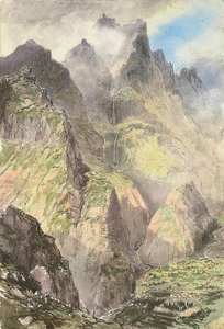 A Grande Curral, Madeira, előtérben egy turistacsoporttal, mögötte a Pico Grande (akvarell, papír) alkotó: Nicholas Chevalier