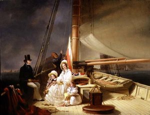 Charles Ward úr családjával a „Guerilla” Cutter Yacht fedélzetén (olaj a panelen)