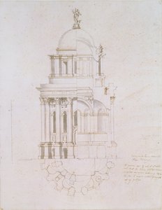 A Szent Pál-székesegyház meg nem valósult keresztelőkápolnának domborzata, keresztmetszete és terve, 1711-1712 körül (toll- és tintamosás papíron) alkotó: Nicholas Hawksmoor