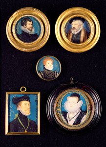 Hilliard apjának és anyjának miniatűrjei, önarckép és ismeretlen férfi és női portrék.