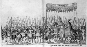 VII. Kelemen pápa és V. Károly császár belépése Bolognába 1530. február 24-én, 27. tábla, 1530 körül alkotó: Nicholas Hogenberg