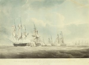 A HMS "Pallas" a "La Minerve" és a "La Lynx", a "Palinure" és a "Sylph" mellett halad el szélárnyékban.
