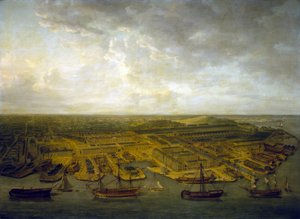 Plymouth kikötői és dokkjai (Anglia). Olaj, vászon alkotó: Nicholas Pocock