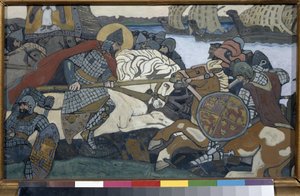 Alekszandr Nyevszkij (1220-1263) megüti Birger Jarlt (1210-1266) (vagy Birger Magnussont a Bjalbóiról). A Néva-i csata epizódja (1240). Nicolas Roerich (1874-1947) munkája, gouache kartonon alkotó: Nicholas Roerich