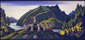 Igor Sztravinszkij "A tavasz rítusa" című balettjének dekorációja, 1945 alkotó: Nicholas Roerich