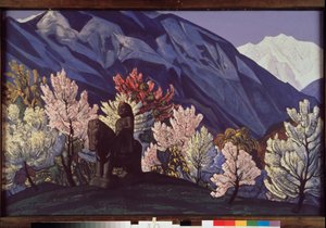 Guga Chohan. Kulu-völgy (India). (Lovasszobor a Himalája virágzó fái között). Nicolas (Nicholas) Roerich (1874-1947) festménye, tempera, vászon alkotó: Nicholas Roerich