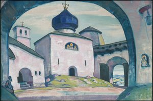 Régi Pszkov, dekoráció Rimszkij-Korszakov „A pszkovi szobalány” című operájához, 1922 alkotó: Nicholas Roerich