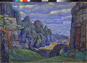 Falu a tenger mellett Richard Wagner (1813-1883) Trisztán és Izolda című operájának előkészítő dekorációja. Nicholas Roerich (1874-1947) munkája gouache és tempera kartonon alkotó: Nicholas Roerich