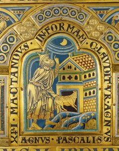 Agnus Pascalis, a szimbolikus húsvéti bárány ... (zománcozott zománc plakett aranyozott rézre, mintázott technikával) alkotó: Nicholas of Verdun
