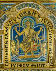 Krisztus ül az ítélőszékben, szentek hordozzák szenvedésének eszközeit... (zománc aranyozott rézre). alkotó: Nicholas of Verdun