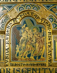 Mózes átvezeti Izrael fiait a Vörös-tengeren (pezsgőtechnika, zománc aranyozott rézre) alkotó: Nicholas of Verdun