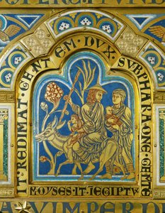 Mózes visszatér Egyiptomba feleségével, Zippórával és két fiával ... (zománc aranyozott rézre) alkotó: Nicholas of Verdun
