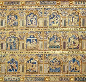A verduni oltár, bibliai jeleneteket ábrázoló dekoratív táblák részlete, 1181-es champleve zománcozás
