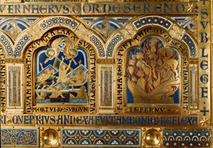Nicolas de Verdun (kb. 1130/50-1205) aranyból és enamaille-ból készült verduni oltár: jelenetek az Ó- és Újszövetségből: részlet, amely a halottakat ábrázolja, akik elhagyják sírjukat az utolsó ítélet napján, és a lángokban égő károkat a pokolból. 12. száz