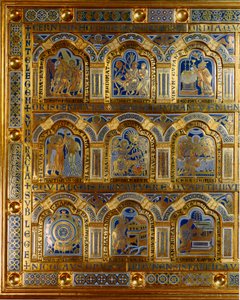Nicolas de Verdun (kb. 1130/50-1205) aranyból és zománcból készült verduni oltár: jelenetek az Ó- és Újszövetségből (átkelés a Vörös-tengeren, Melkizedek király (Melkizedek vagy Melkizedek vagy Melkisedek vagy Melki-Tsedeq vagy Melki Tsedeq) , Krisztus ker