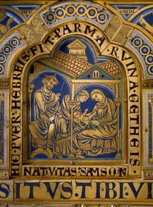 Nicolas de Verdun (kb. 1130/50-1205) aranyból és zománcból készült verduni oltár: jelenetek az Ó- és Újszövetségből: Sámson születését bemutató részlet. 12. századi Klosterneuburg Bécs, Ausztria - Verdun oltár, zománcozott aranyozott réz, szerző: Nicolas d