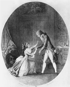 Valmont elcsábítja Madame de Tourvelt, Pierre Choderlos de Laclos (1741-1803) „Les Liaisons Dangereuses” illusztrációja, vésette Romain Girard (sz. 1751) 1782 (metszet) (f/w fotó) alkotó: Niclas II (after) Lafrensen