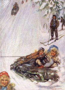 Norvégia: Girls on Overturned Sledge, Holmencollen (színes litho) alkotó: Nico Jungman
