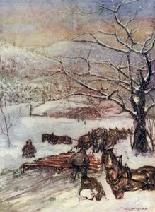 Norvégia: Nyolc vagy tíz ló által húzott hóeke (színes litho)