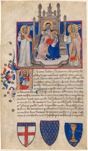 Madonna és a Szentek Petronius és Alle (Eligius) között trónoló gyermek; Krisztus a kezdőbetűben A alkotó: Nicolò da Bologna