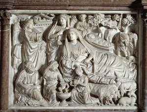Angyali üdvözlet és betlehem A széket készítette: Nicola Pisano (1215 / 20-1278 / 84) (Márvány szószék) 1260 Pisai Szent János Keresztelő (Battistero San Giovanni di Pisa), Olaszország