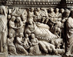 Gótikus művészet és építészet: Látogatás és betlehem - Részlet a Nicola Pisano (1215/20-1278/84) által 1266 és 1268 között készített márványasztal domborműveiről (Márvány szószék részletei, látogatás és betlehem) Cathedrale Notre-Dame- de-l