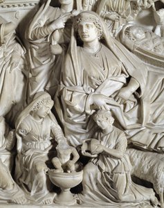 La nativite (betlehemes) Részletek A széket Nicola Pisano készítette (1215 / 20-1278 / 84) (Márvány szószék) 1260 Pisai Szent János keresztelő (Battistero san Giovanni di Pisa), Olaszország