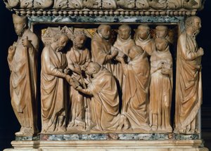 Péter és Pál apostolok megjelennek Szent Domonkosnak, díszítő dombormű az Arca di San Domenicoból, Nicola Pisano és műhelye, márvány, San Domenico kápolna, San Domenico bazilika, Bologna, Emilia-Romagna, Olaszország alkotó: Nicola Pisano