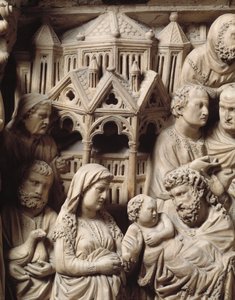 Bemutató a templomban és repülés Egyiptomba A márvány szószék domborműve, Nicola Pisano alkotó: Nicola Pisano
